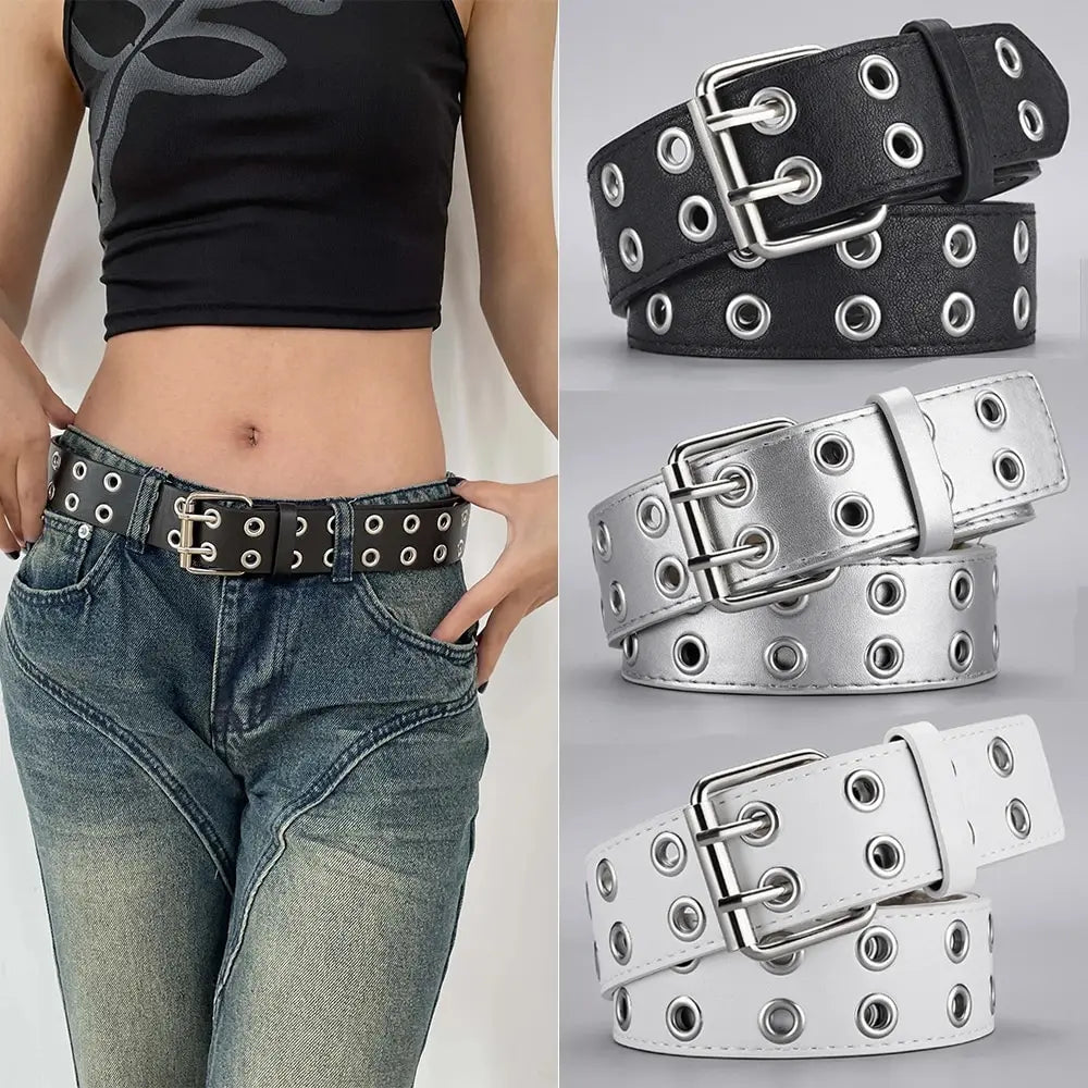 1pc Women's Belt Trend Simple Double Hole Men Belt Punk Hip Hop Rock