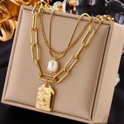 316L Stainless Steel 3-Layer Pearl Square Portrait Pendant