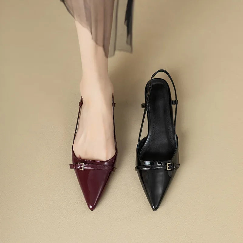 2024 New Summer French Wine Red Pointed Patent Leather Mid-heel