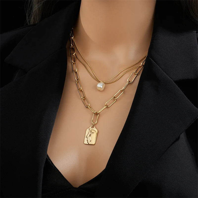316L Stainless Steel 3-Layer Pearl Square Portrait Pendant