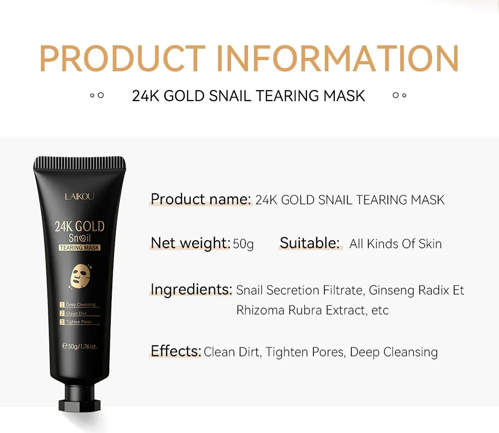 LAIKOU 24K Gold SNAIL TEARING Mask Deep Cleansing Remove Blackhead