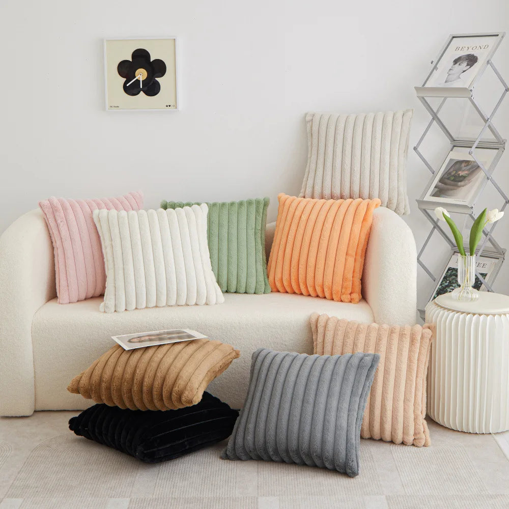 Faux Rabbit Fur Square Cushion Cover Pillowcase 45x45cm Striped Soft