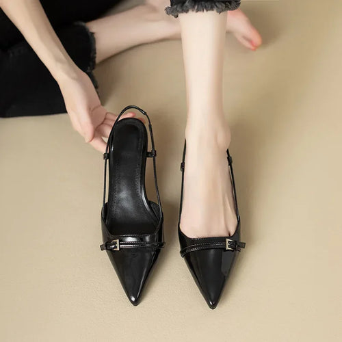 2024 New Summer French Wine Red Pointed Patent Leather Mid-heel
