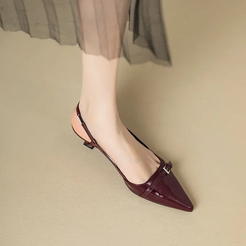 2024 New Summer French Wine Red Pointed Patent Leather Mid-heel