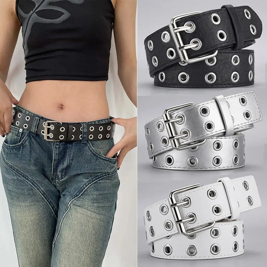 1pc Women's Belt Trend Simple Double Hole Men Belt Punk Hip Hop Rock